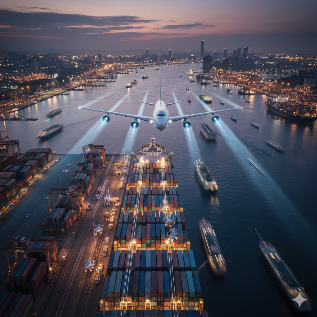 Dramatic view of an airplane flying low over a busy cargo port at dusk